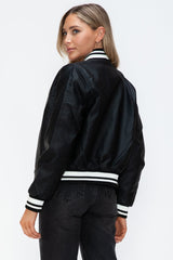 Love Me Now PU Leather Contrast Snap Down Bomber Jacket - Trendsi
