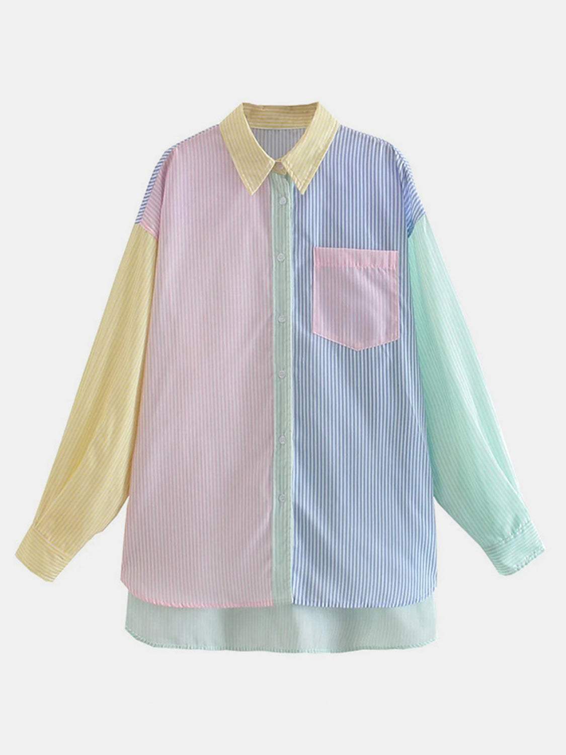 Pocketed Color Block Long Sleeve Shirt - Trendsi - Flyclothing LLC