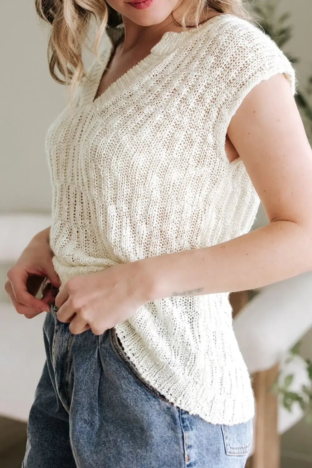 Notched Cap Sleeve Knit Top - Trendsi - Flyclothing LLC