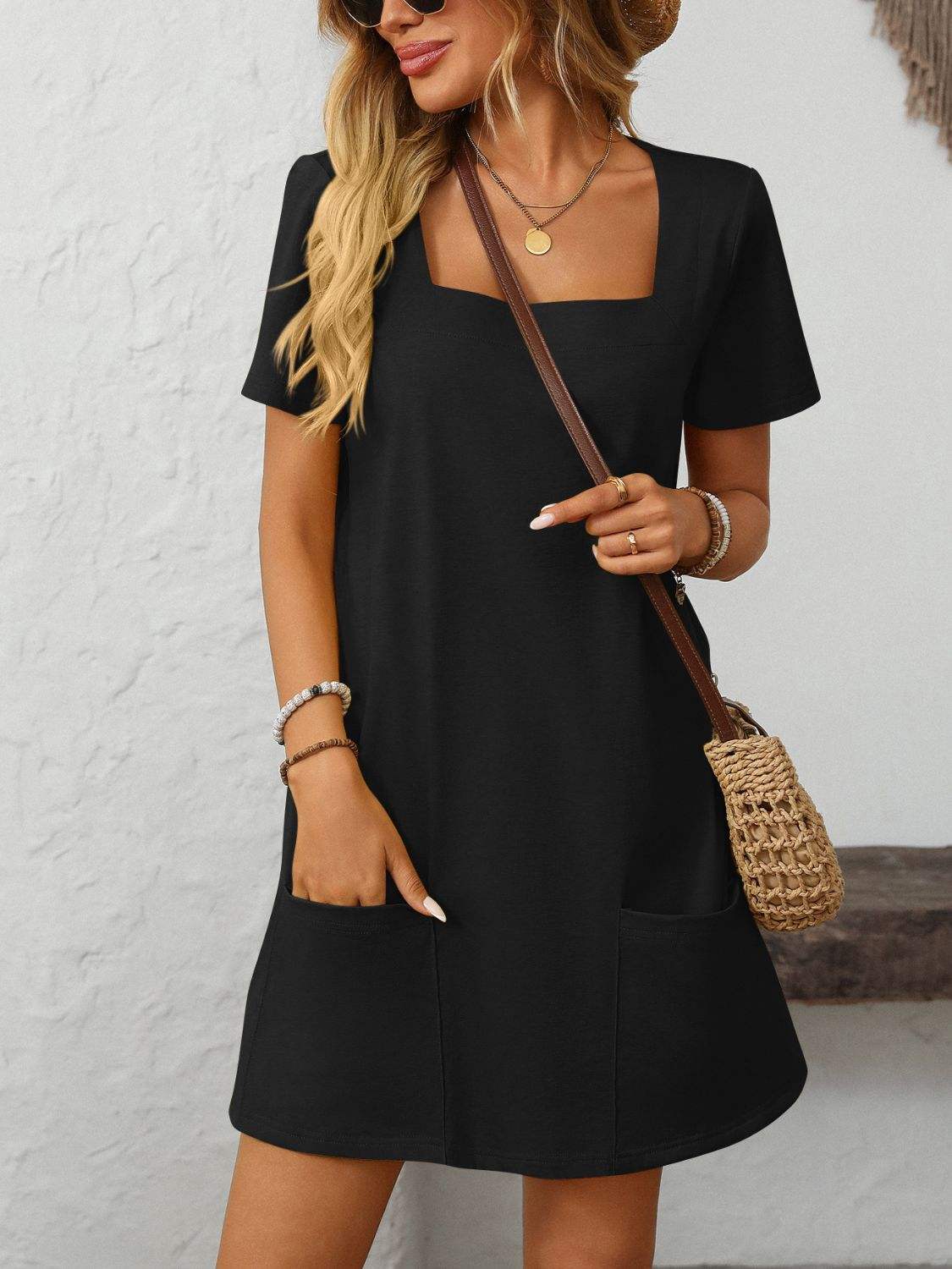 Mandy Square Neck Short Sleeve Mini Dress - Trendsi - Flyclothing LLC
