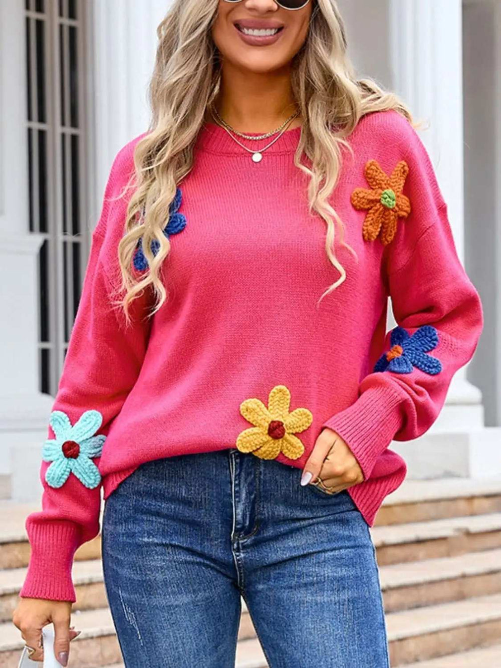 Crochet Flower Round Neck Sweater - Trendsi - Flyclothing LLC