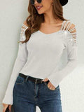 Rhinestone Cutout Long Sleeve T-Shirt - Trendsi - Flyclothing LLC