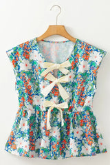 Floral Print Bow Applique Slit Sleeveless Peplum Blouse - Trendsi - Flyclothing LLC