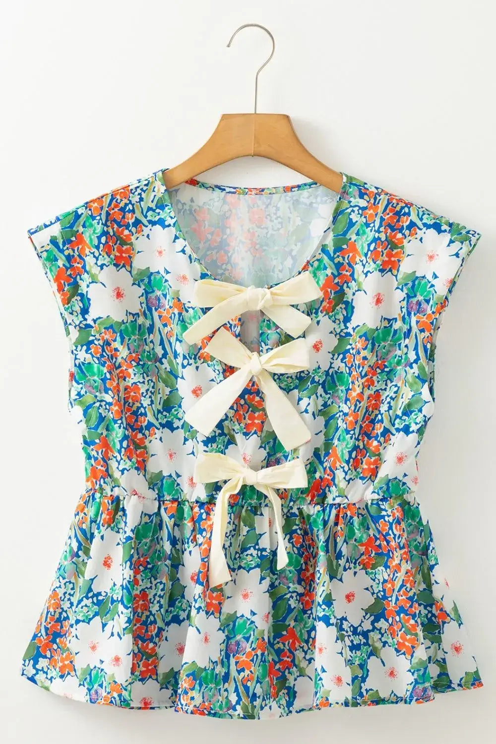 Floral Print Bow Applique Slit Sleeveless Peplum Blouse - Trendsi - Flyclothing LLC