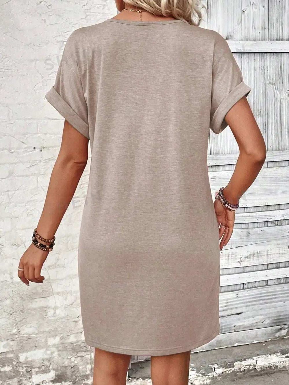 Quarter Button V-Neck Short Sleeve Dress - Trendsi - Flyclothing LLC