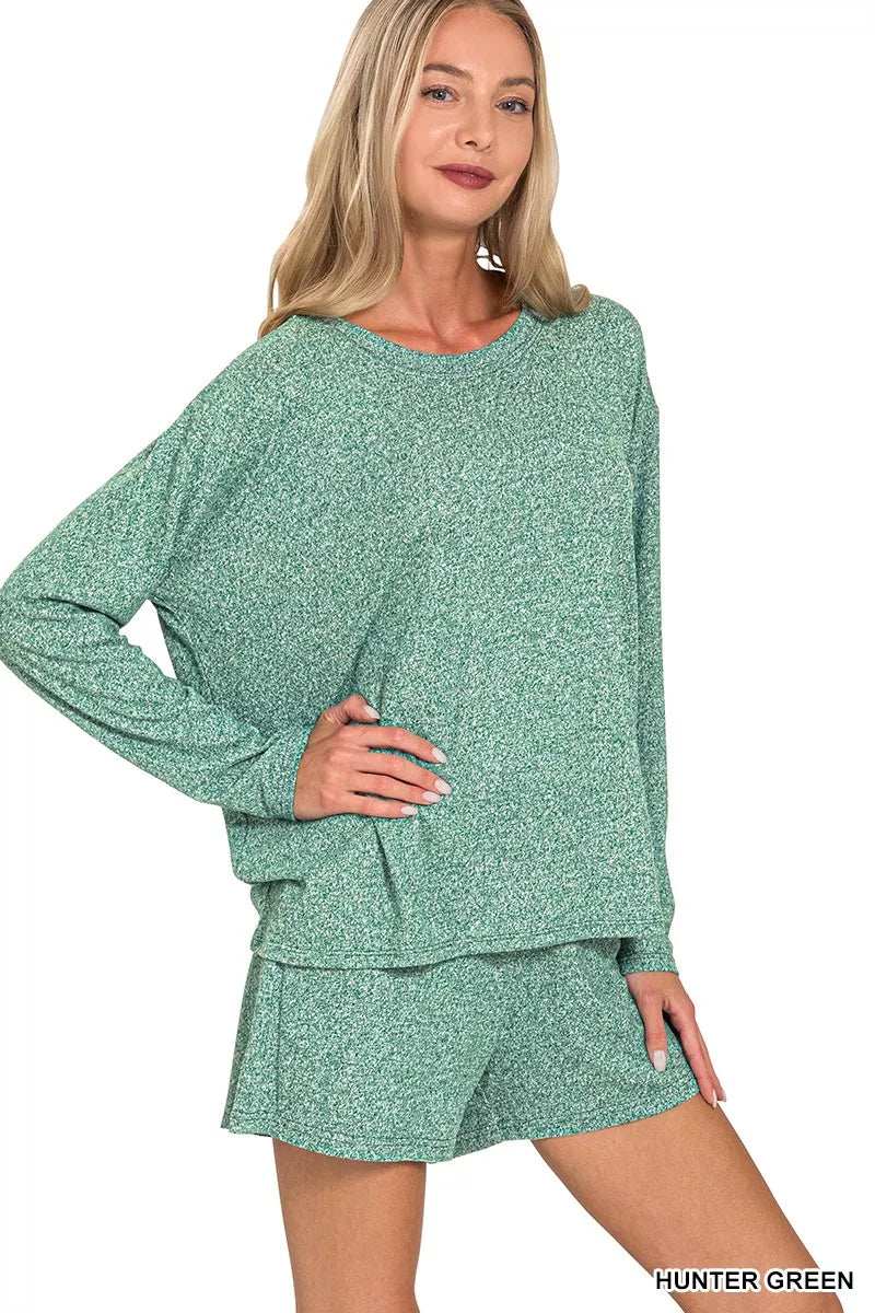 Zenana Soft Melange Long Sleeve Tee and Shorts Set - Trendsi - Flyclothing LLC