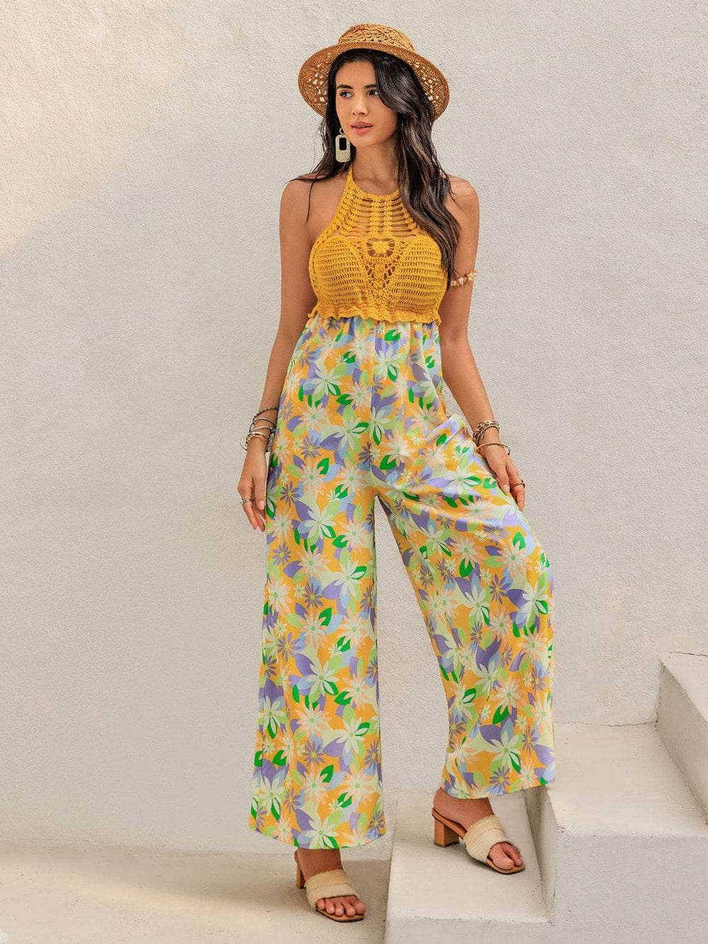 Openwork Halter Neck Floral Wide Leg Jumpsuit - Trendsi - Flyclothing LLC