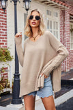 Slit V-Neck Dropped Shoulder Sweater - Trendsi - Flyclothing LLC