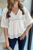 Lace Crochet Hollowed Scallop Hem V Neck Blouse - Trendsi