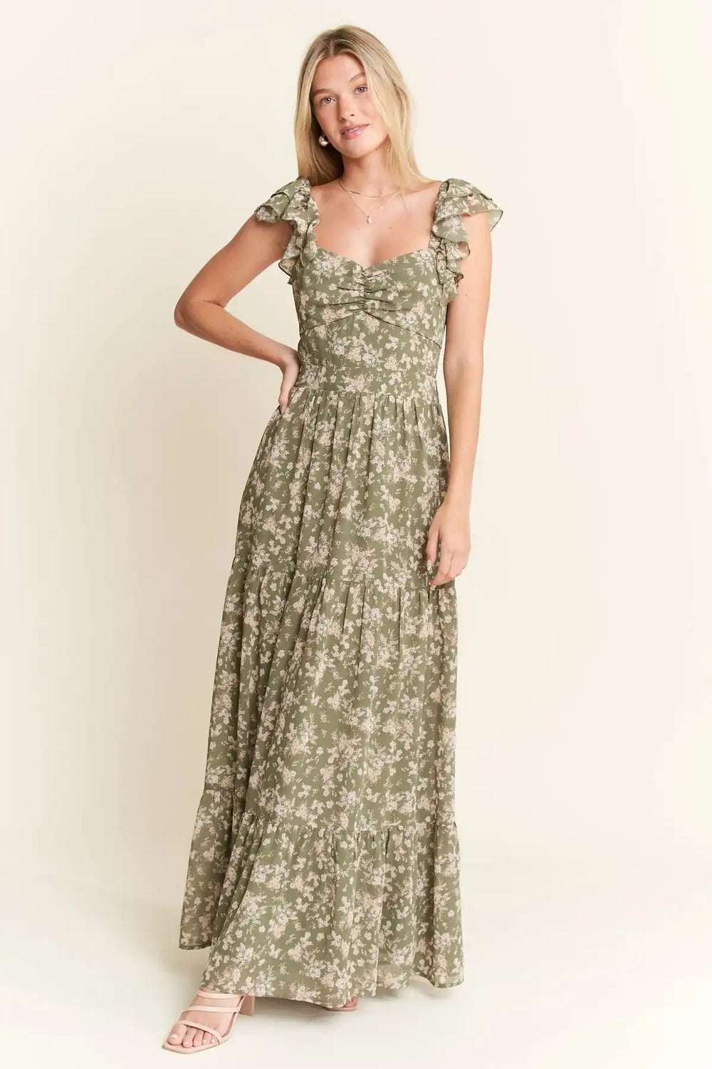 Jade By Jane Ruffle Sleeve Tiered Maxi Dress - Trendsi