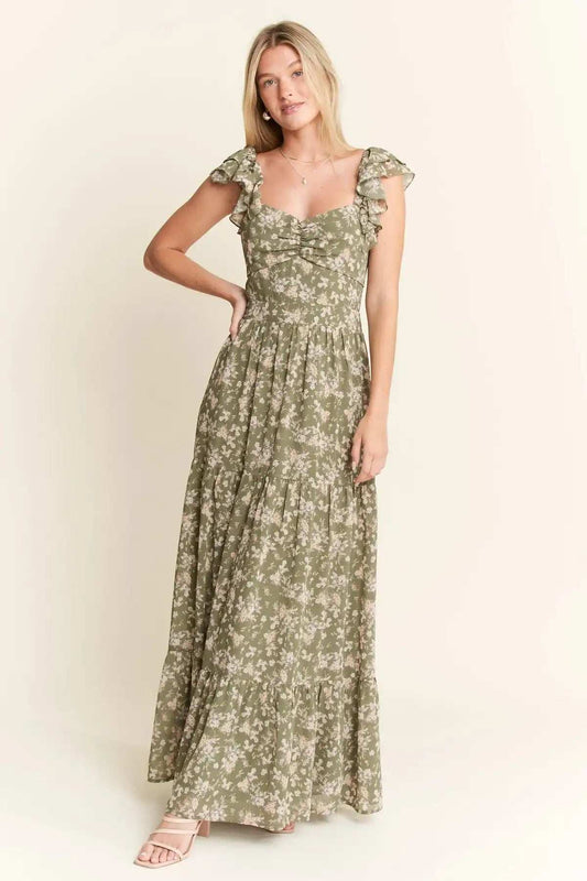 Jade By Jane Ruffle Sleeve Tiered Maxi Dress - Trendsi - Flyclothing LLC