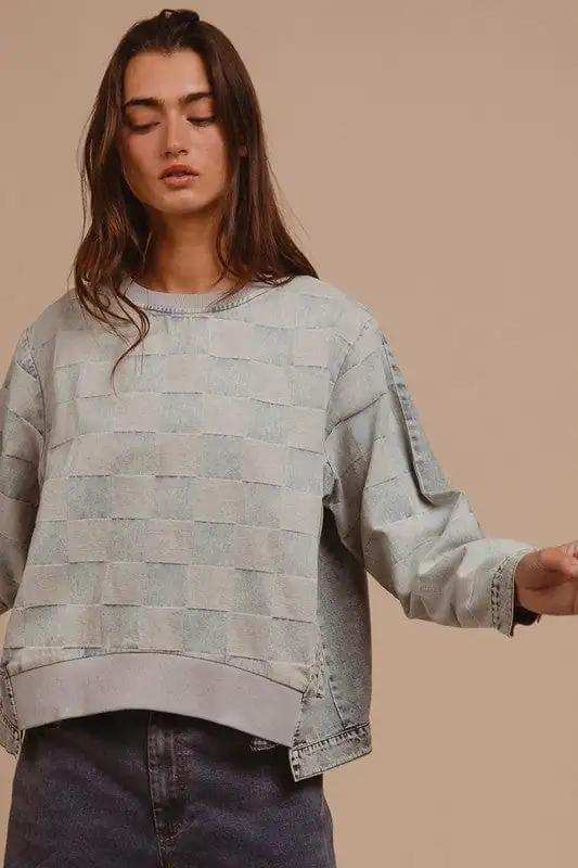 BiBi Mineral Washed Checkered Round Neck Denim Top - Trendsi - Flyclothing LLC