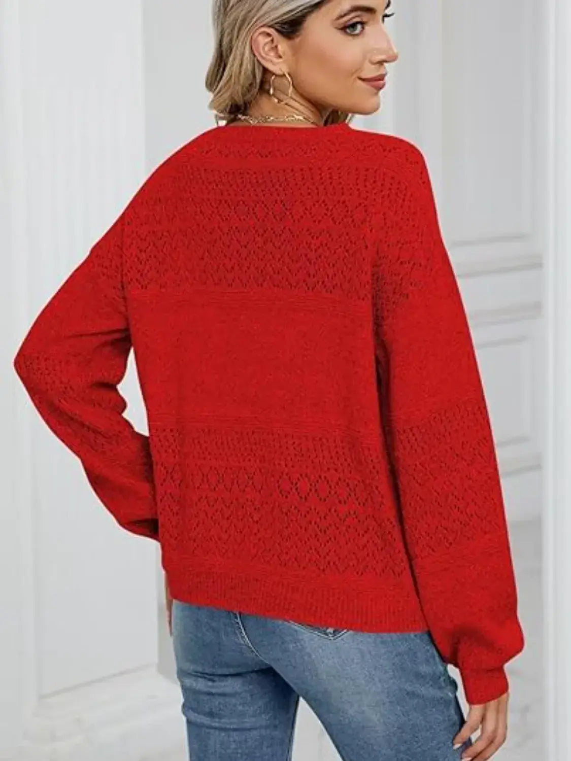 Eyelet V-Neck Long Sleeve Sweater - Trendsi - Flyclothing LLC