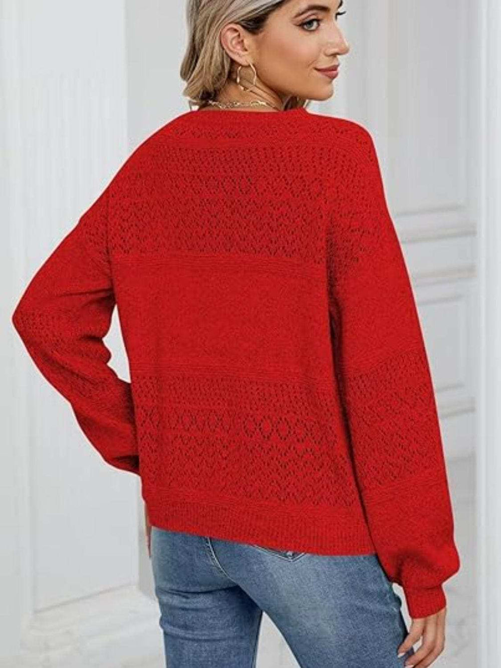 Eyelet V-Neck Long Sleeve Sweater - Trendsi - Flyclothing LLC