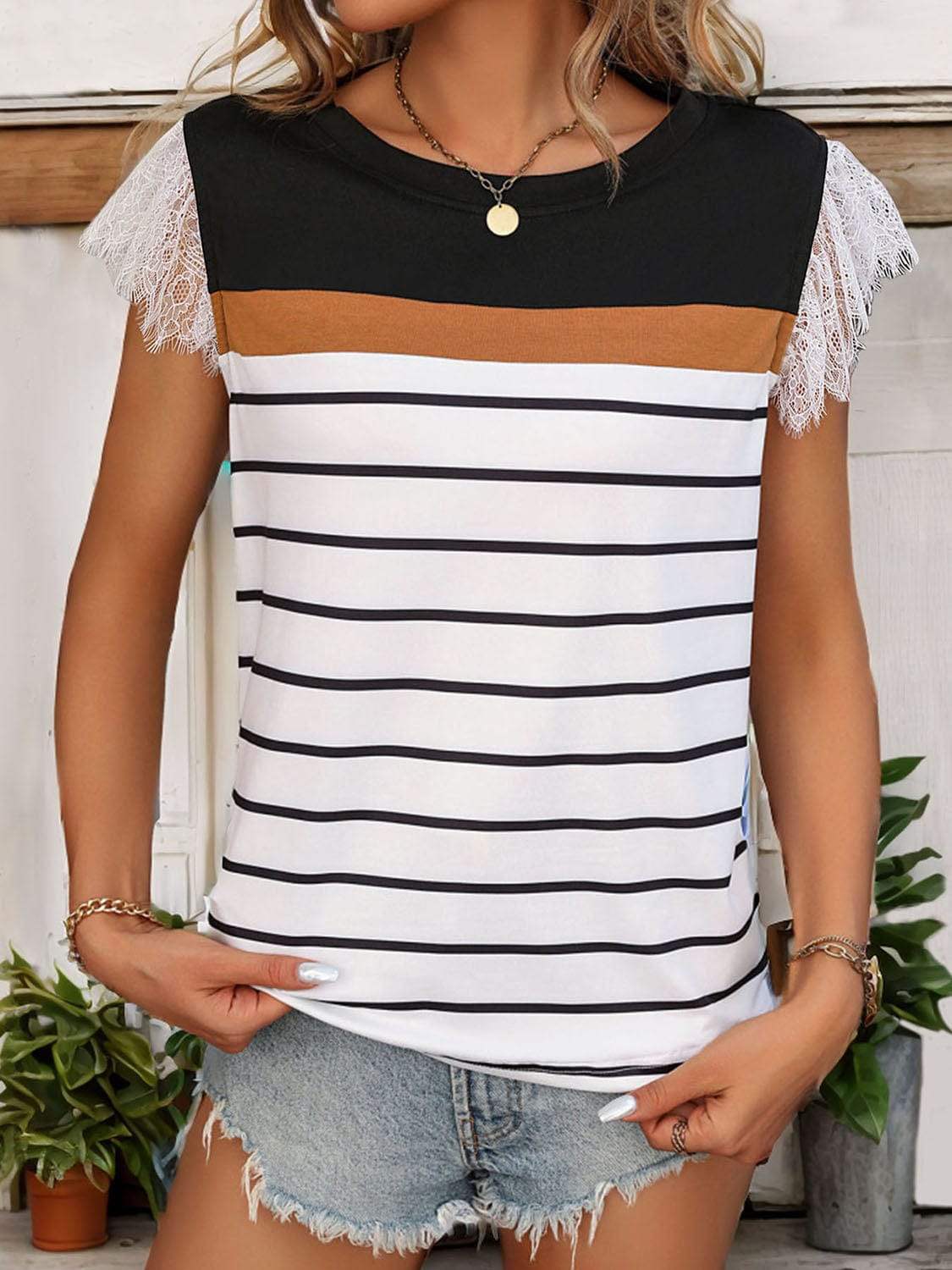Lace Detail Striped Round Neck Cap Sleeve T-Shirt - Trendsi - Flyclothing LLC
