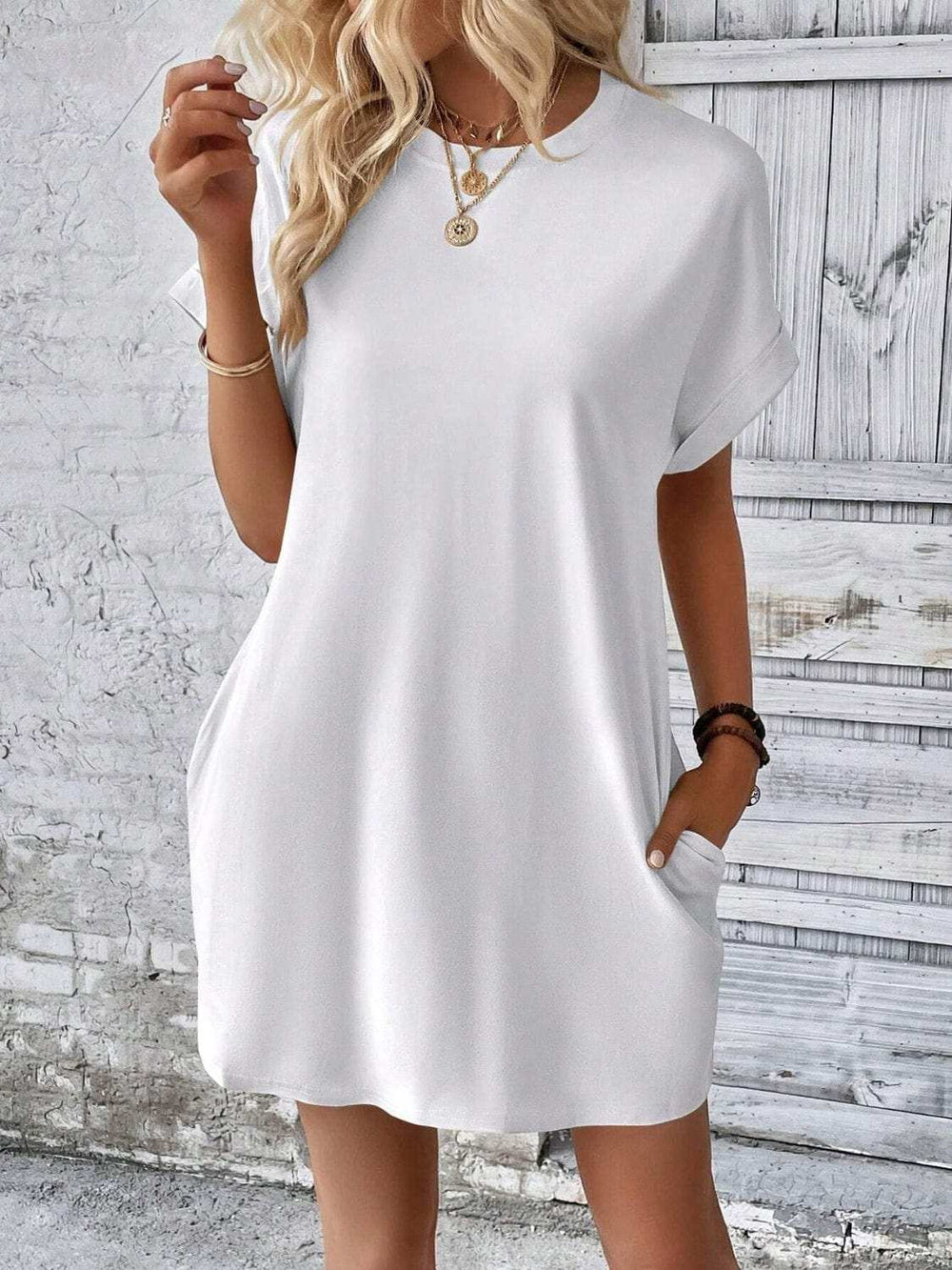 Round Neck Short Sleeve Mini Dress - Trendsi - Flyclothing LLC