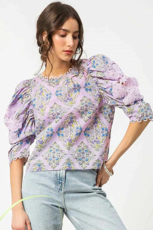 Umgee Printed Lace Puff Sleeve Blouse - Trendsi - Flyclothing LLC