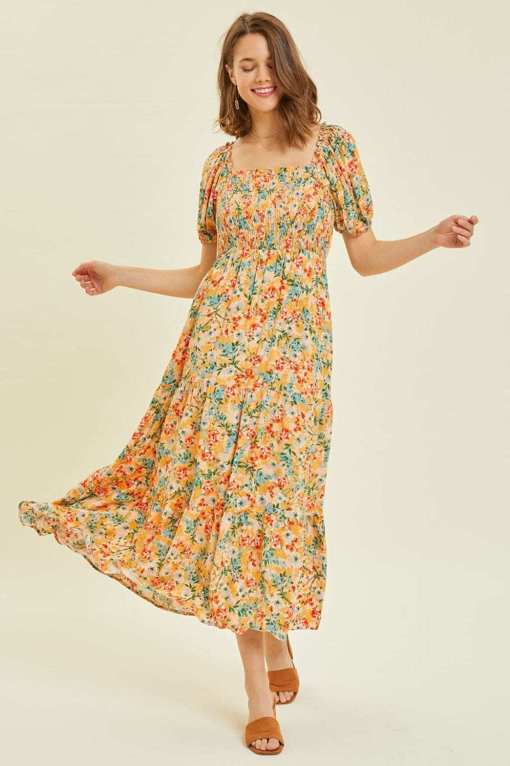 HEYSON Full Size Floral Smocked Tiered Midi Dress - Trendsi - Flyclothing LLC