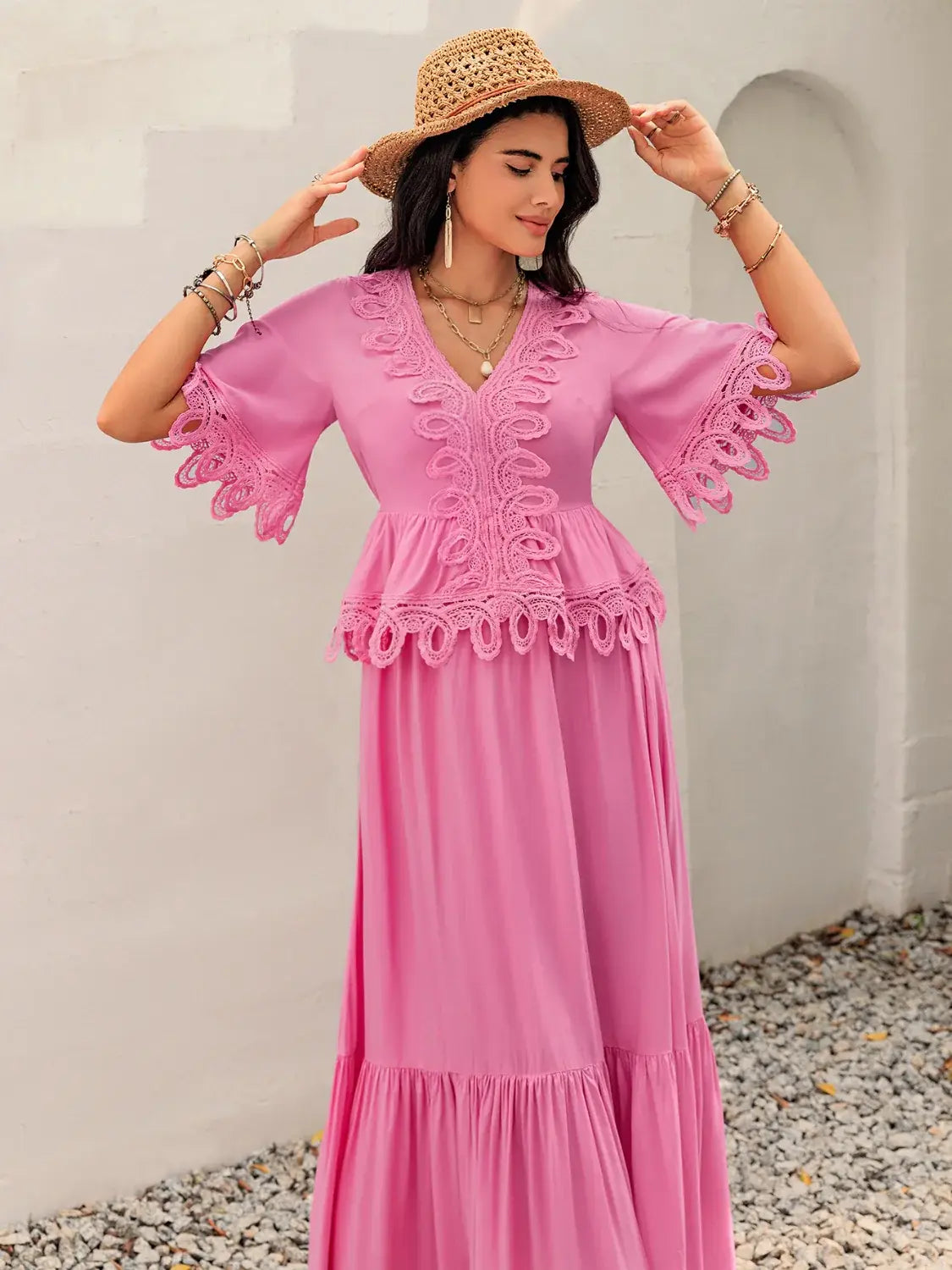 Lace Detail V-Neck Half Sleeve Midi Dress - Trendsi - Flyclothing LLC