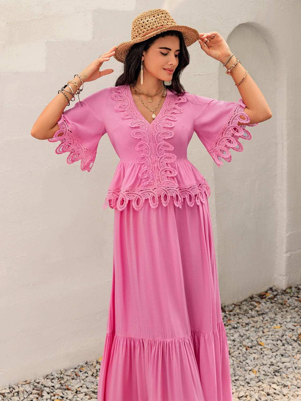 Lace Detail V-Neck Half Sleeve Midi Dress - Trendsi - Flyclothing LLC