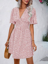Printed V-Neck Half Sleeve Mini Dress - Trendsi - Flyclothing LLC