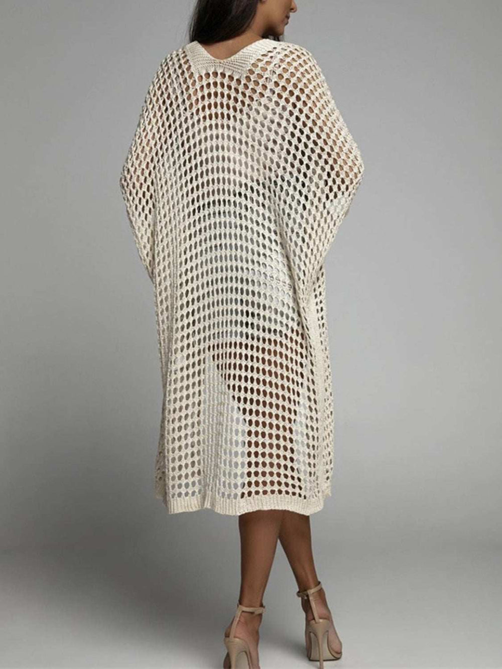 Openwork Open Front Three-Quarter Sleeve Cover Up - Trendsi - Flyclothing LLC