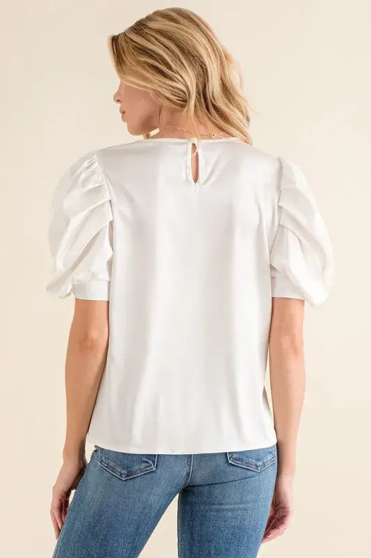 And The Why Plain Satin Puff Shirring V Neck Blouse Top - Trendsi - Flyclothing LLC