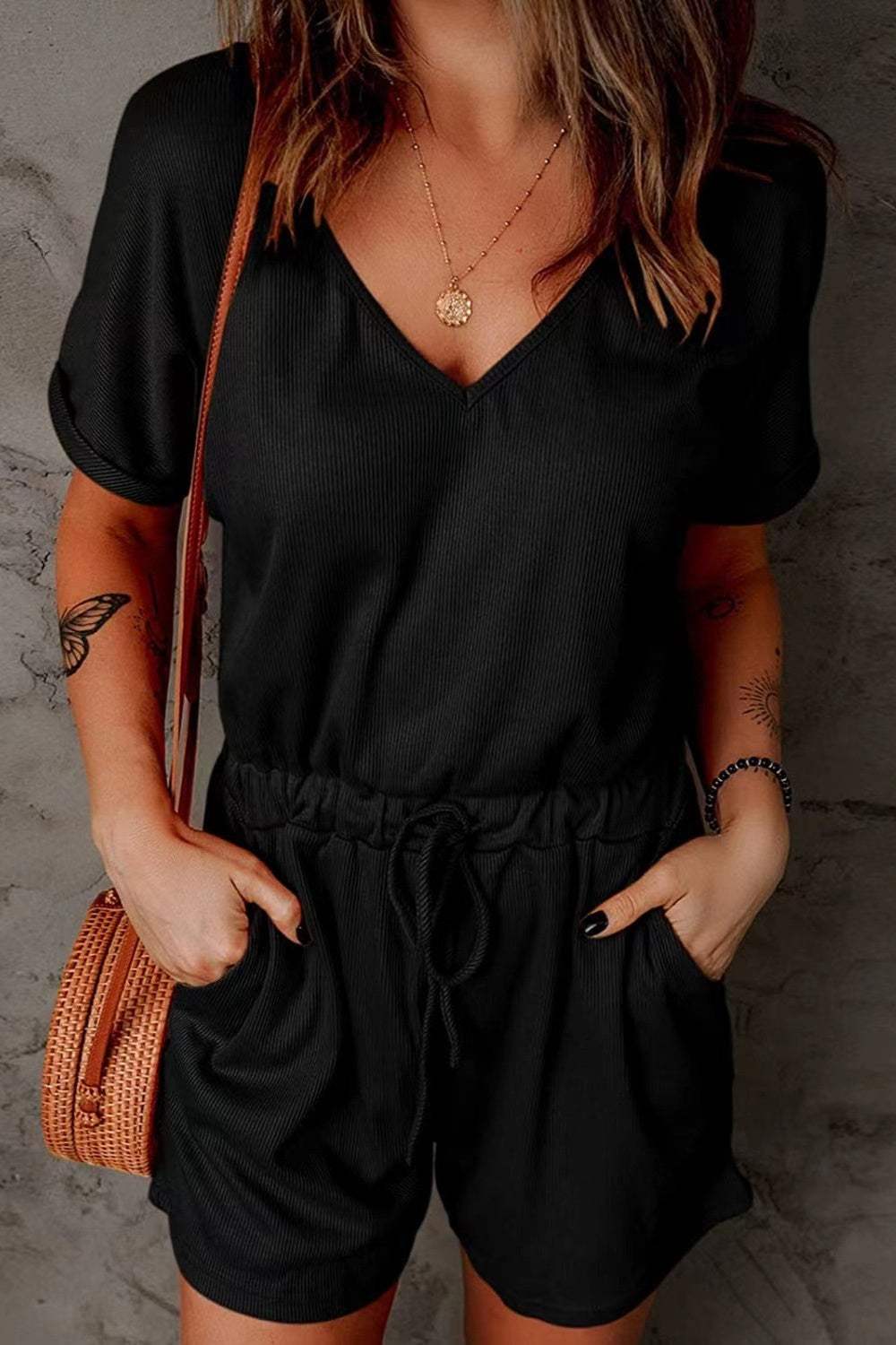Full Size Drawstring V-Neck Short Sleeve Romper - Trendsi - Flyclothing LLC