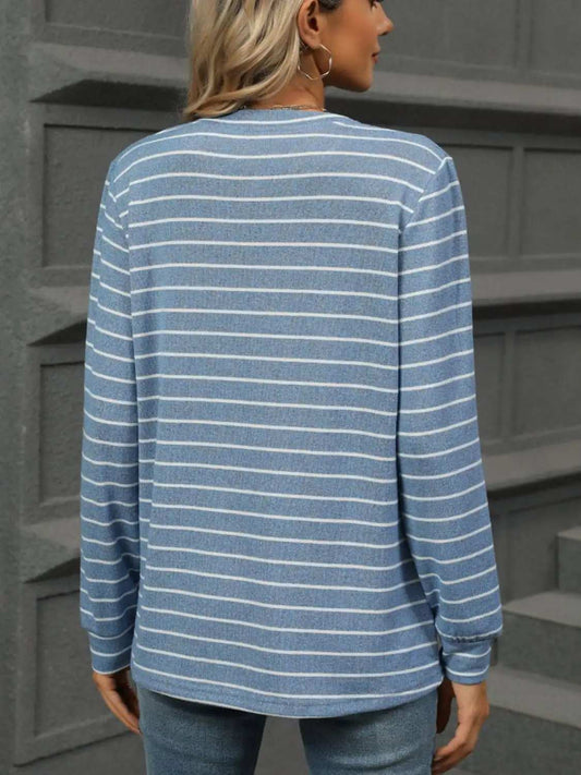 Striped Notched Long Sleeve T-Shirt - Trendsi - Flyclothing LLC