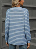 Striped Notched Long Sleeve T-Shirt - Trendsi