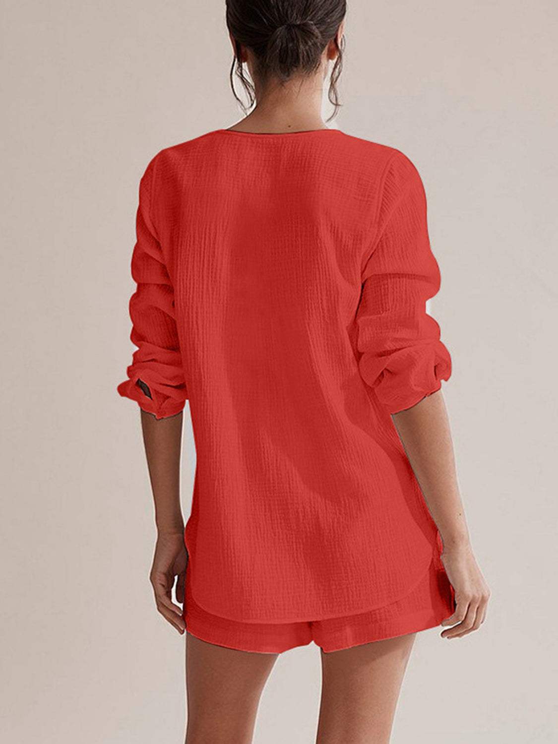 Notched Long Sleeve Top and Shorts Set - Trendsi - Flyclothing LLC