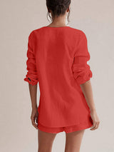 Notched Long Sleeve Top and Shorts Set - Trendsi - Flyclothing LLC