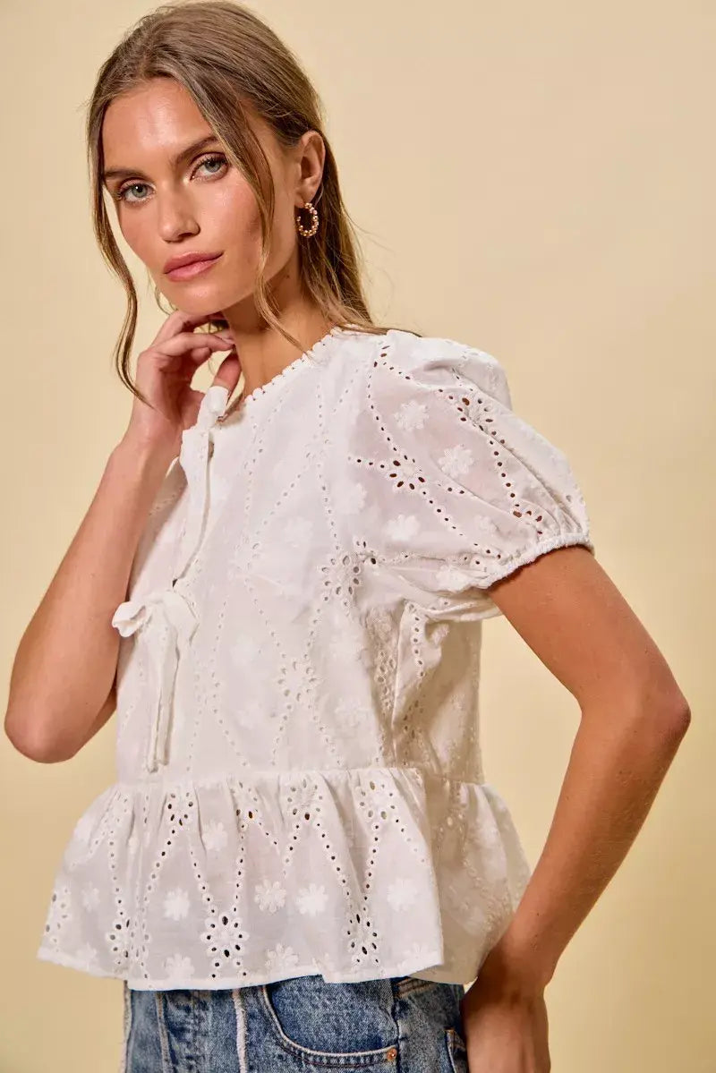 SO ME Cotton Eyelet Front Tie Short Sleeves Blouse - Trendsi - Flyclothing LLC