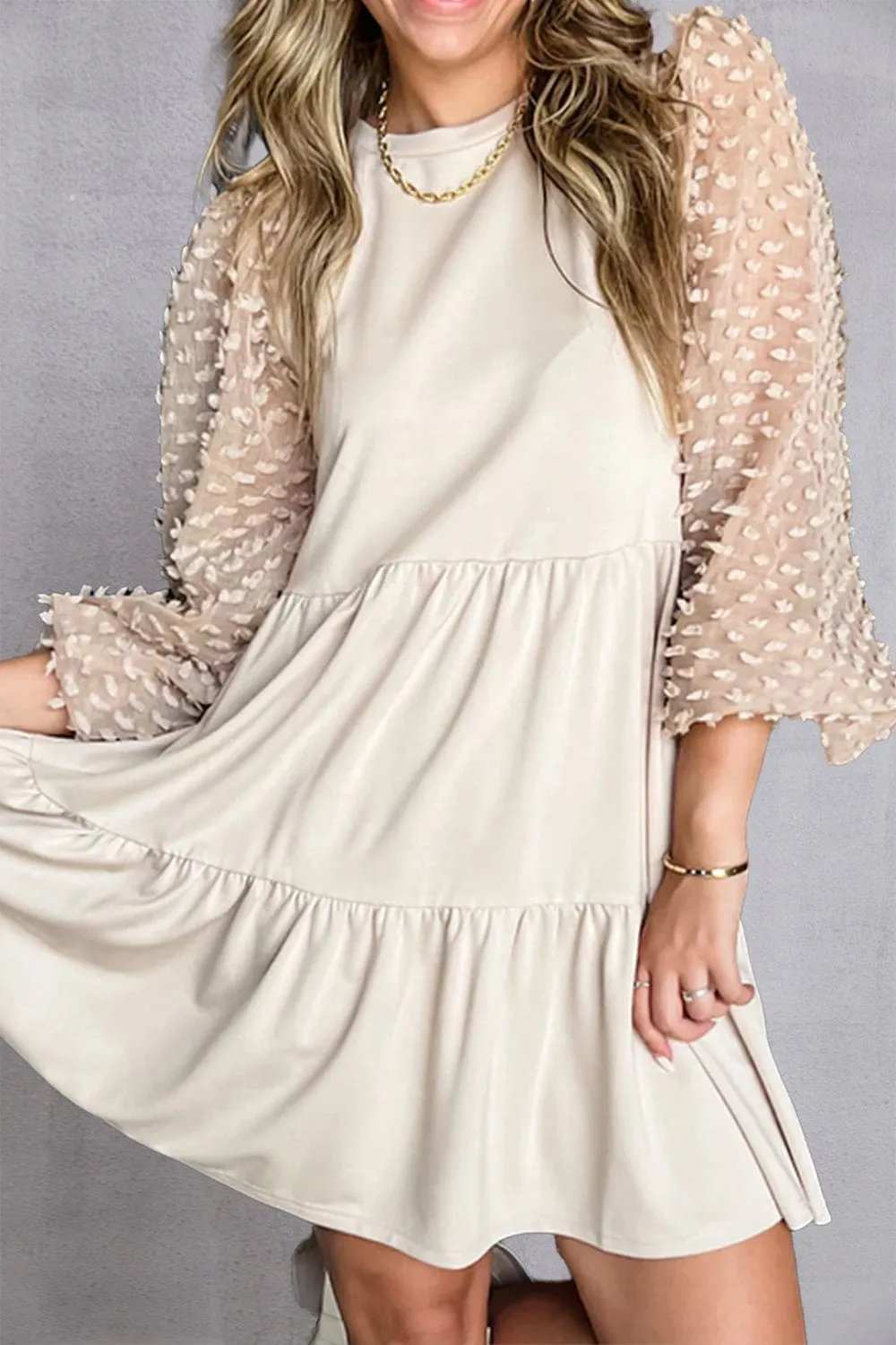 Tiered Round Neck Balloon Sleeve Mini Dress - Trendsi - Flyclothing LLC