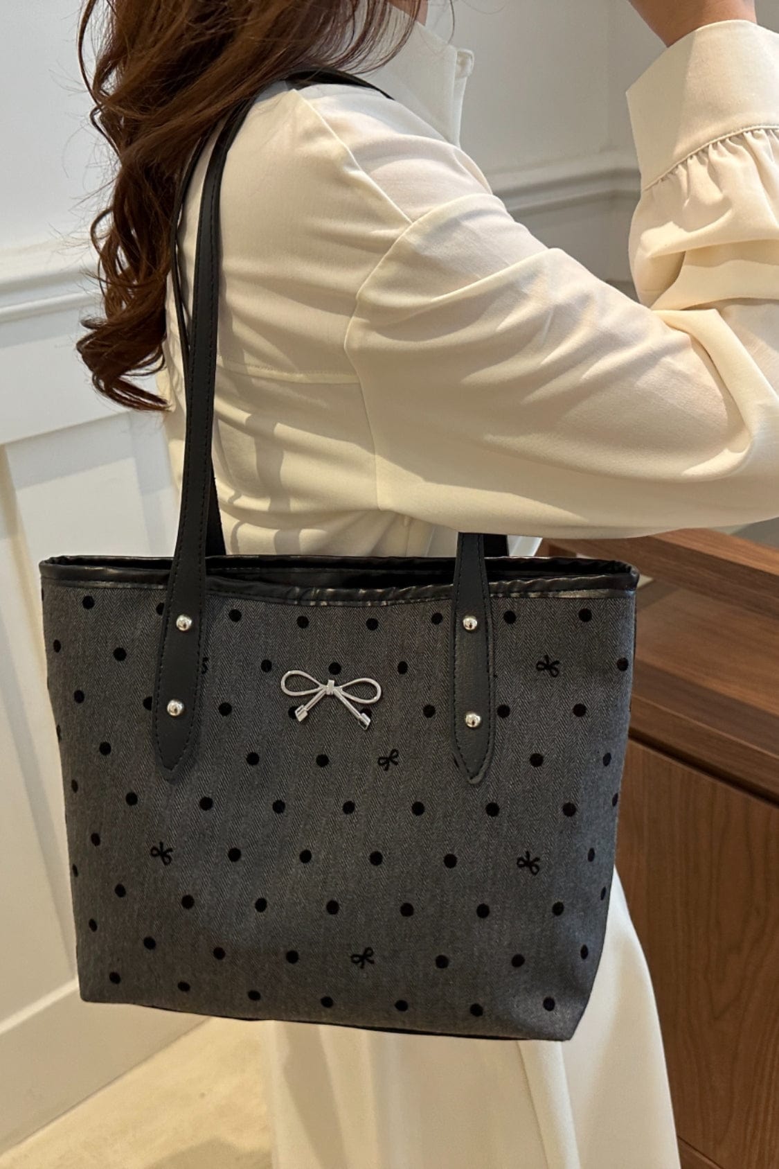 Bow Trim Polyester Tote Bag - Trendsi