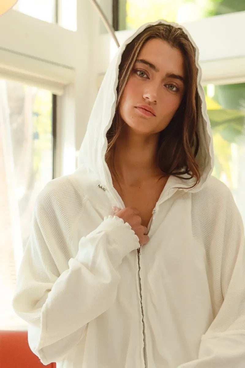 BiBi Waffle Thermal And Terry Mix Washed Zip Up Hoodie - Trendsi - Flyclothing LLC