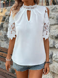 Lace Mock Neck Cold Shoulder Blouse - Trendsi