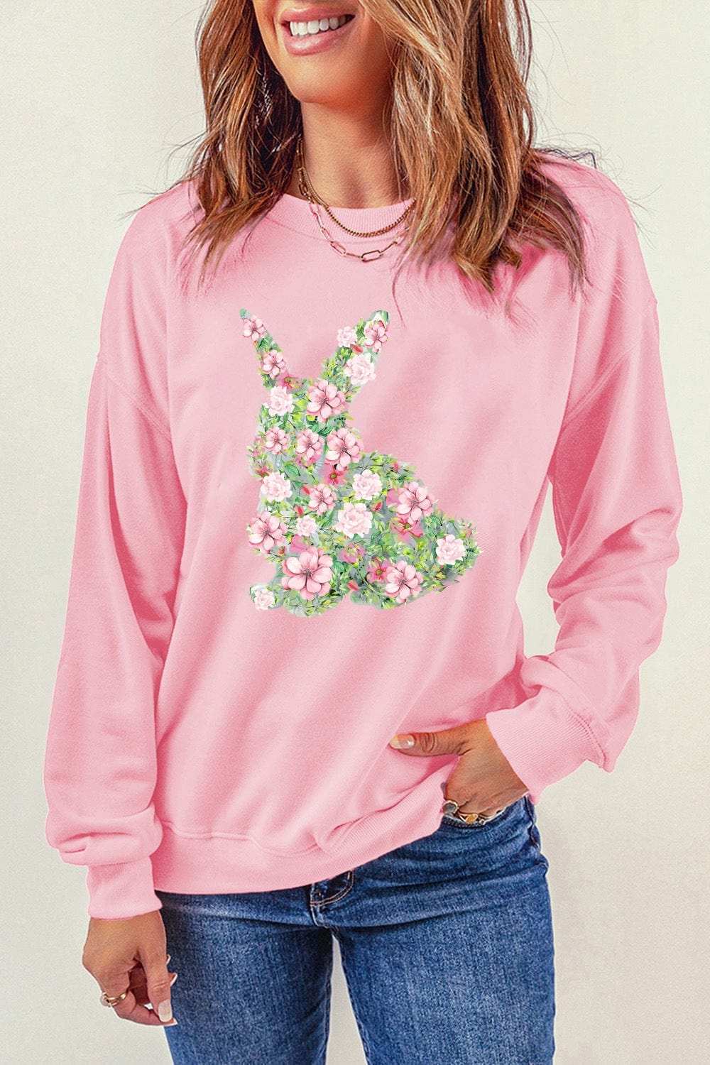 Floral Bunny Round Neck Long Sleeve Sweatshirt - Trendsi - Flyclothing LLC