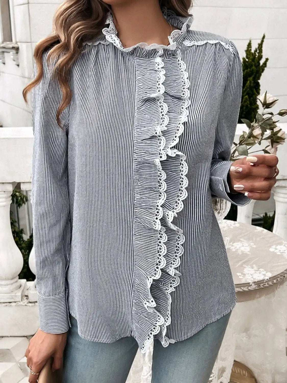 Lace Detail Ruffled Round Neck Long Sleeve Shirt - Trendsi - Flyclothing LLC