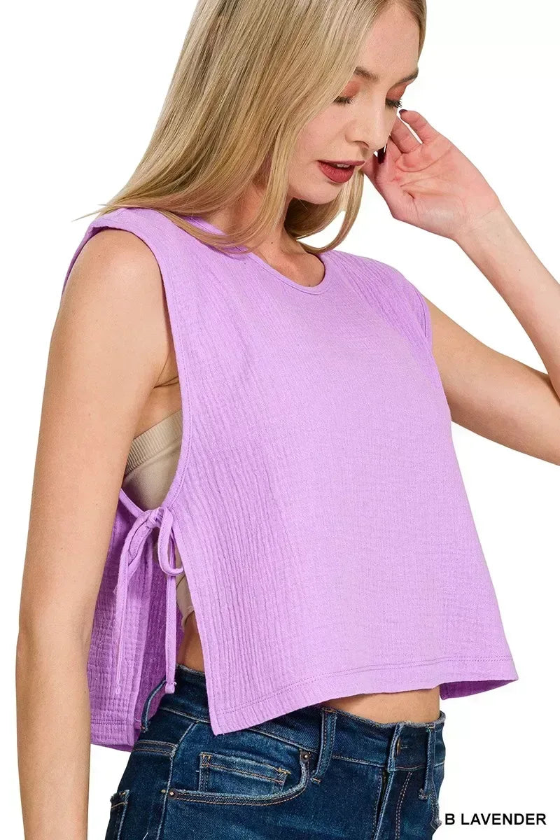 Zenana Double Gauze Side Tie Sleeveless Top - Trendsi - Flyclothing LLC
