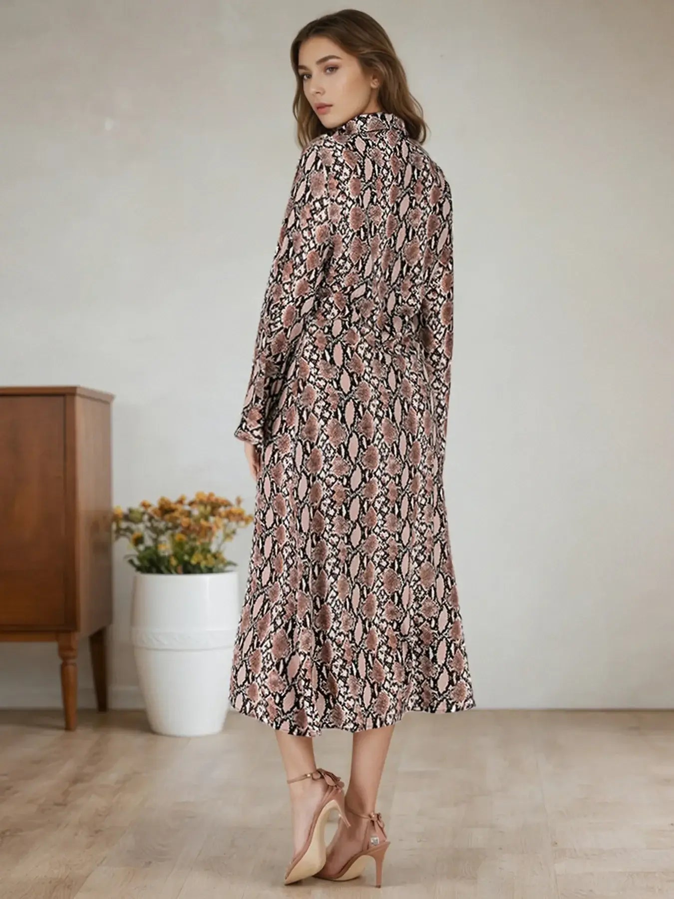 Snake Print Long Sleeve Shirt Dress - Trendsi - Flyclothing LLC