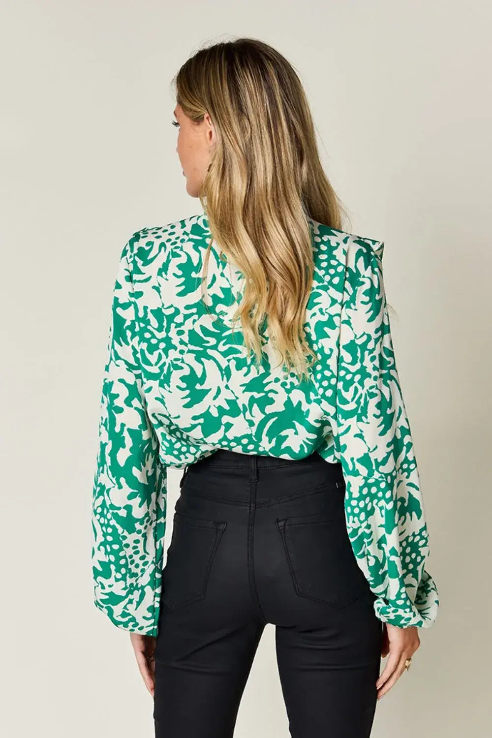 Double Take Full Size Printed Ruffle Trim Balloon Sleeve Shirt - Trendsi - Flyclothing LLC
