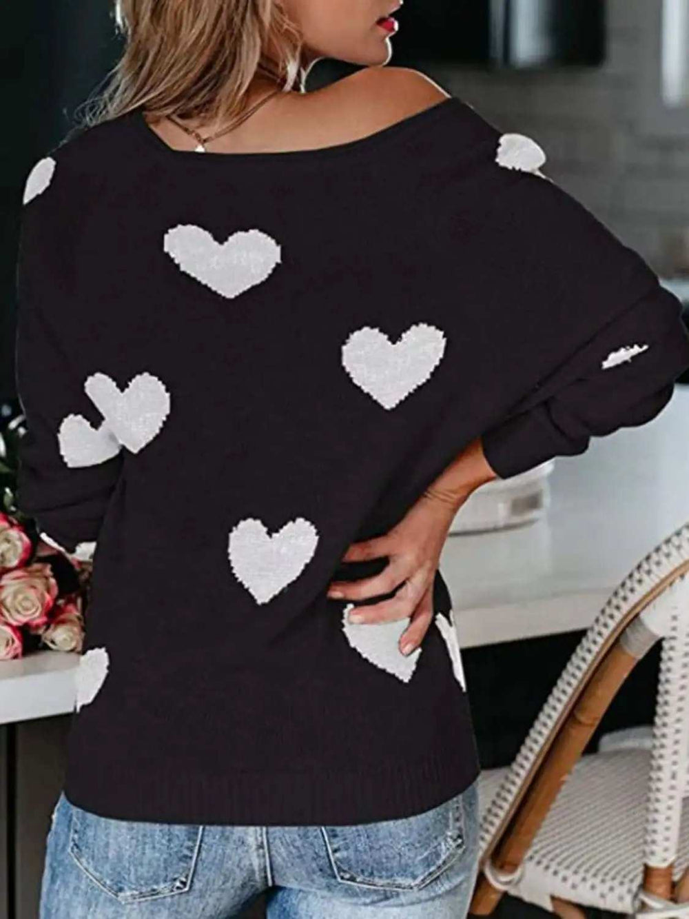 Heart Scoop Neck Long Sleeve Sweater - Trendsi - Flyclothing LLC