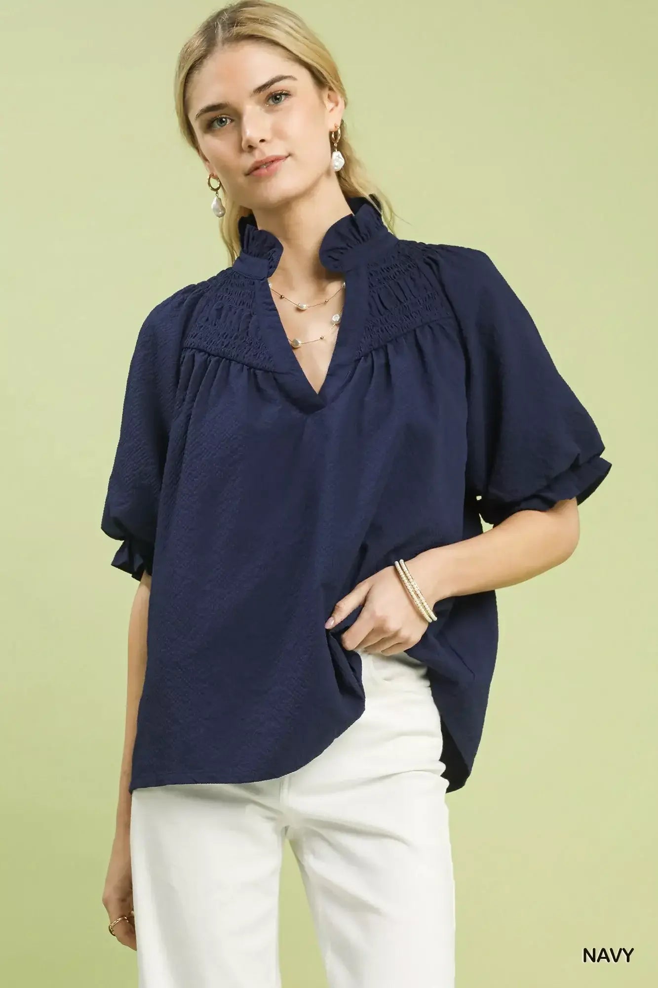 Umgee Textured Smocked Yoke Split-Neck Top - Trendsi - Flyclothing LLC