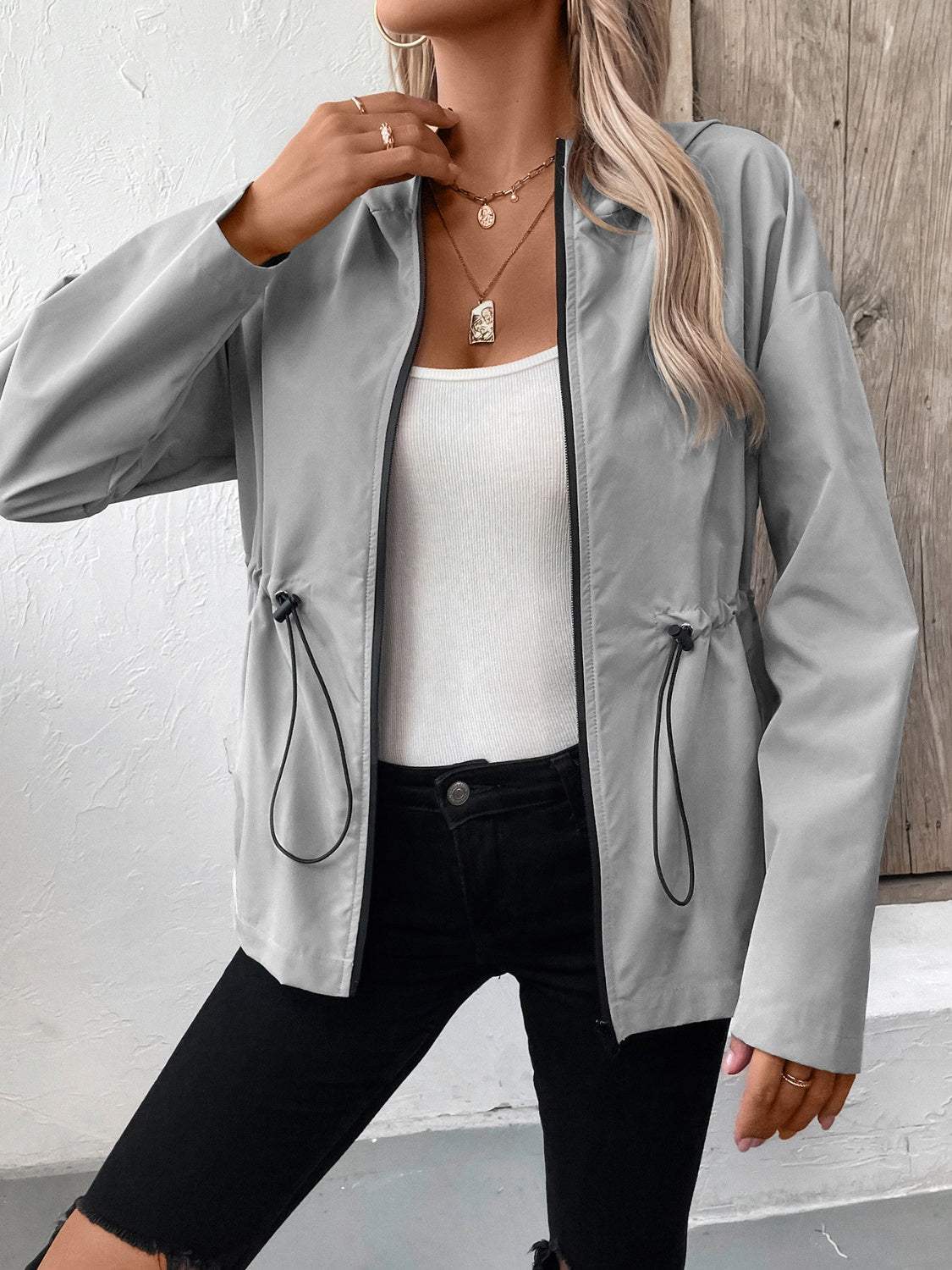 Drawstring Zip Up Hooded Jacket - Trendsi - Flyclothing LLC