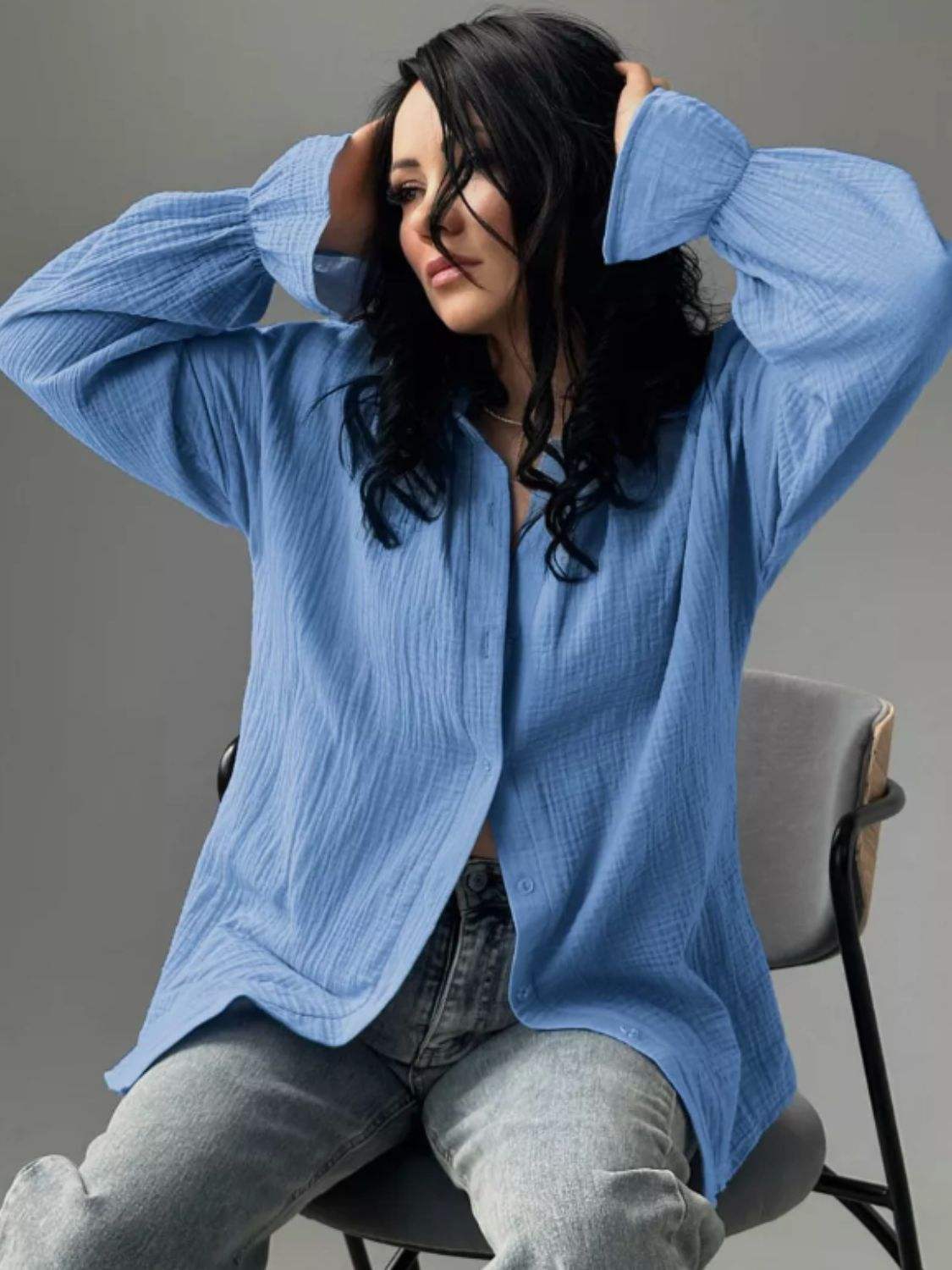Textured Collared Neck Flounce Sleeve Shirt - Trendsi - Flyclothing LLC