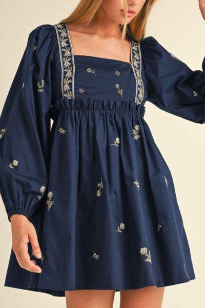 Floral Square Neck Balloon Sleeve Mini Dress - Trendsi - Flyclothing LLC