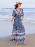 Ruched Printed Flounce Sleeve Midi Dress - Trendsi