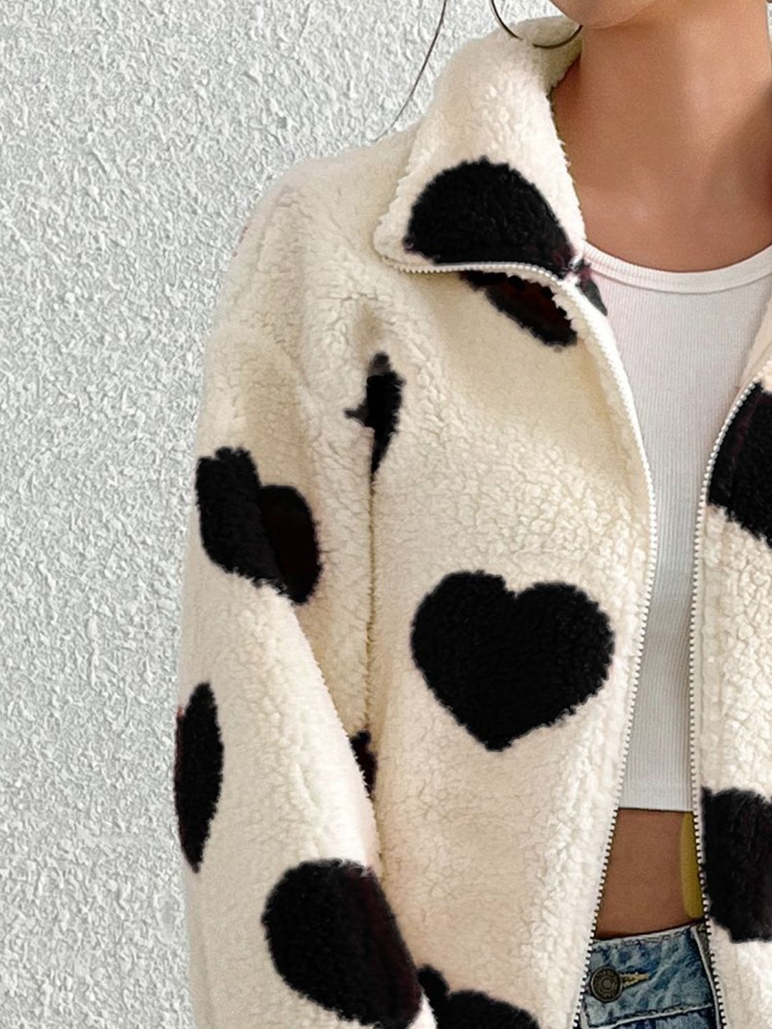 Heart Zip Up Drop Shoulder Furry Jacket - Trendsi