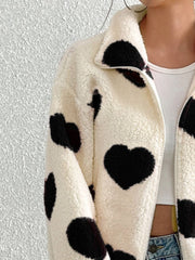 Heart Zip Up Drop Shoulder Furry Jacket - Trendsi